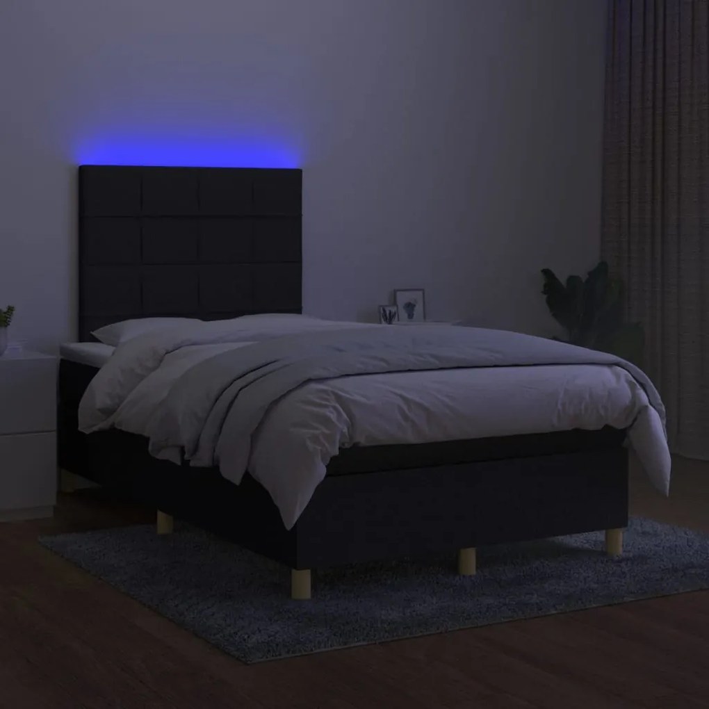 Cama box spring c/ colchão e LED 120x200 cm tecido preto