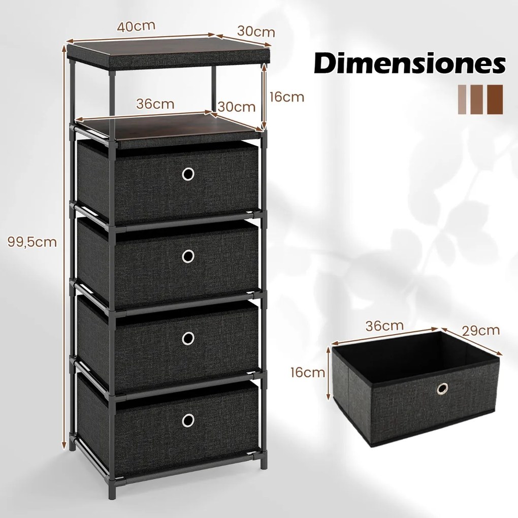 Cómoda com gavetas de tecido com superfície de madeira e estrutura metálica preto - 4 gavetas