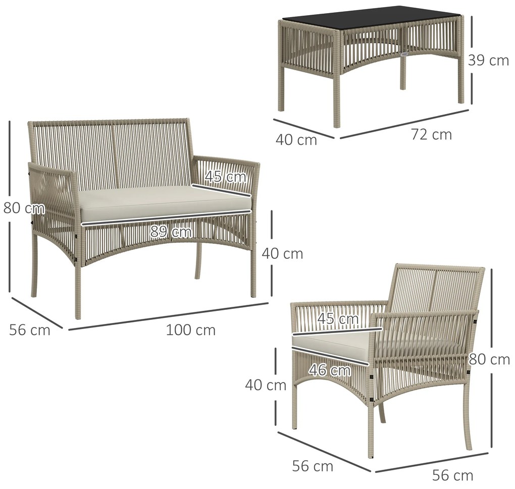 Conjunto de Móveis de Jardim de Vime de 4 Peças Móveis de Varanda com 1 Sofá 2 Poltronas e Mesa de Centro Cáqui