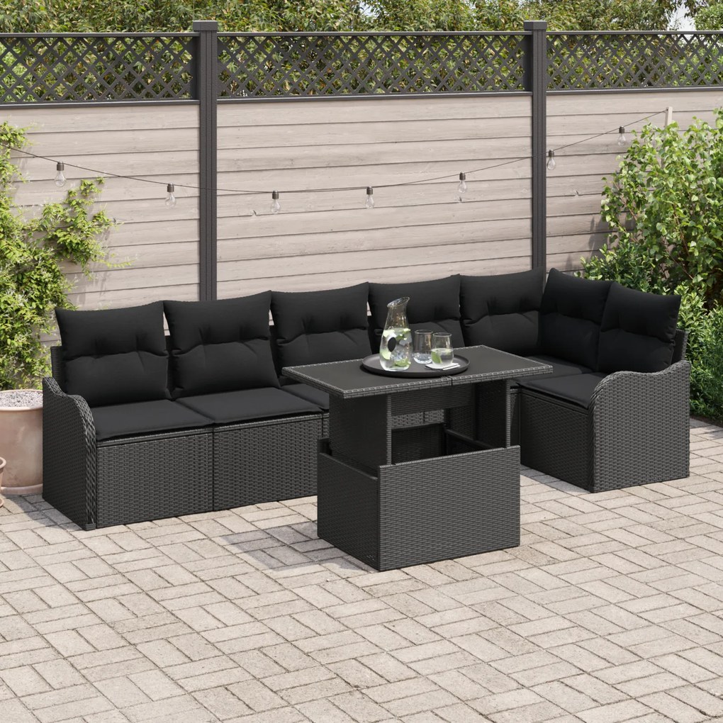 Conjunto de Sofás de Jardim 7 Peças com Almofadas em Rattan Poliéster Preto vidaXL