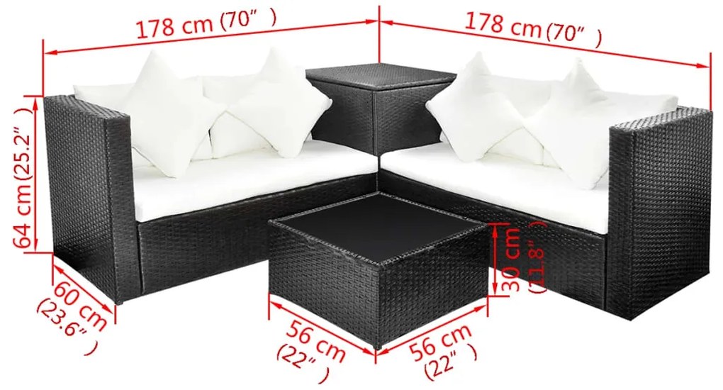4 pcs conjunto lounge de jardim c/ almofadões vime PE preto