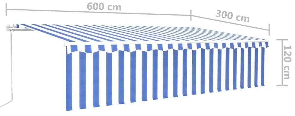 Toldo retrátil manual com estore/LED 6x3 m azul e branco