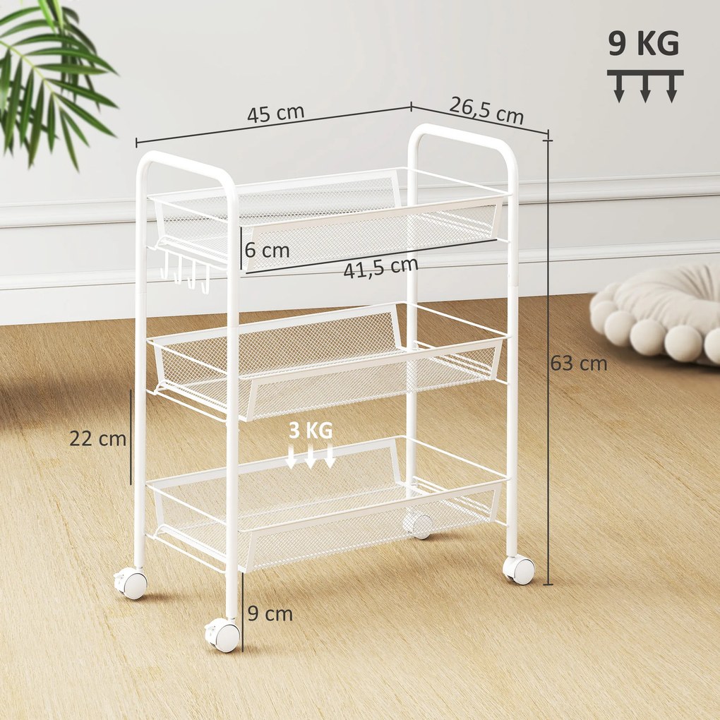 Carrinho de 3 níveis com cestos de cozinha com Rodas  45 x 26,5 x 63 cm, carrinho de arrumação com Rodas,, branco