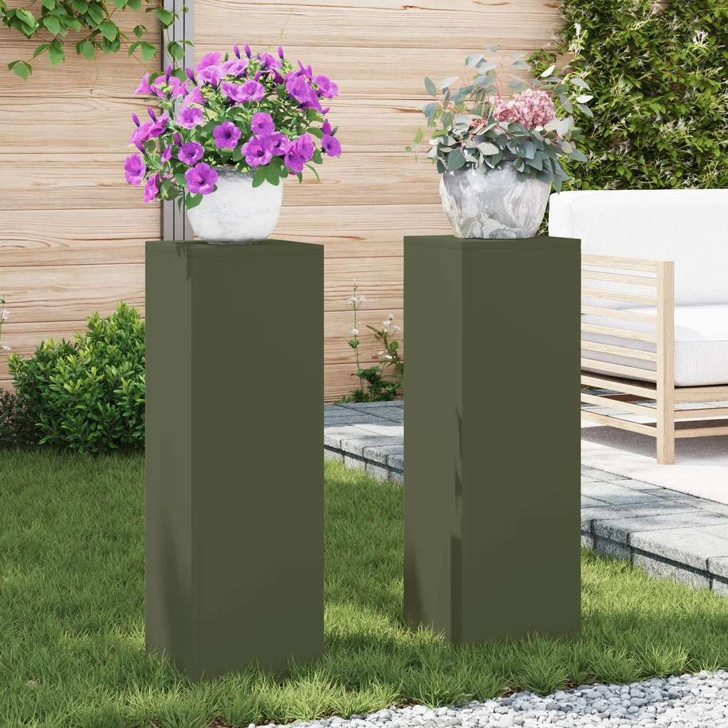 vidaXL Suportes para Plantas Externos Pilar 2 pcs Verde-azeitona 24x24x75 cm Aço
