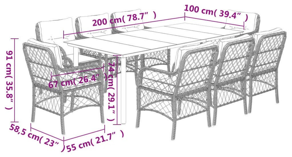9 pcs conjunto de jantar p/ jardim c/ almofadões vime PE preto