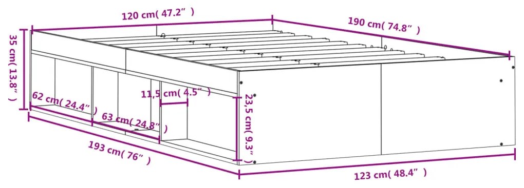 Estrutura de cama de casal pequena 120x190 cm carvalho castanho