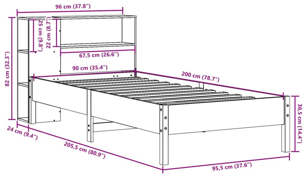 Cama com estante sem colchão 90x200 cm pinho maciço branco