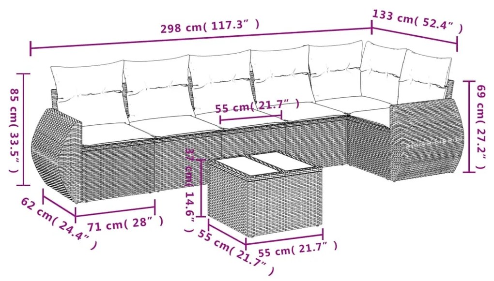 7 pcs conj. sofás jardim com almofadões vime PE cinzento-claro