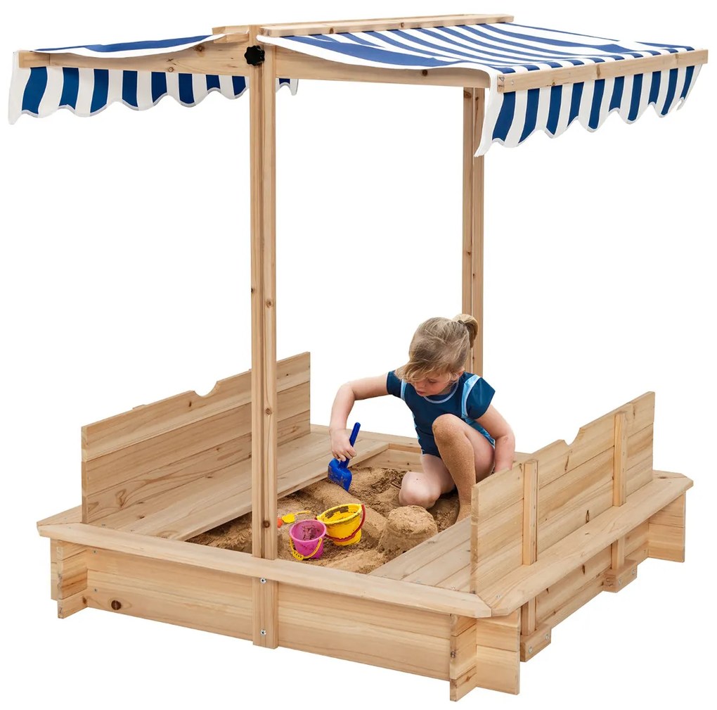 Caixa de Areia Parque para crianças ao ar livre  de madeira com 2 bancos convertíveis e telhado ajustável em altura sem fundo 110 x 107 x 121 cm