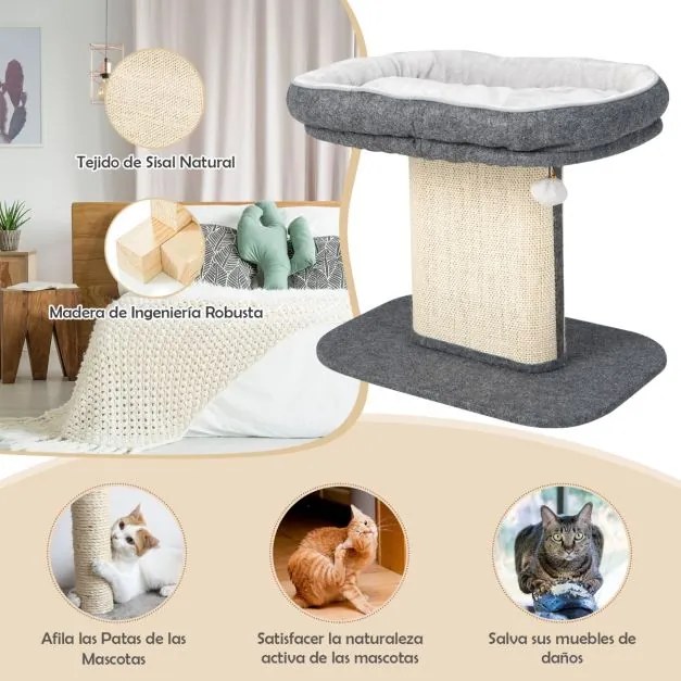 Arranhador gatos Pequena com torre de actividades com suporte para peluches e poste de arranhar em sisal 59 x 39,5 x 50 cm Cinzento