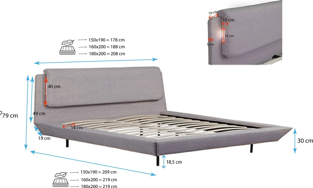 Cama de Casal Flutuante Beatrice com Colchão – 150x190 cm – Cinzento –
