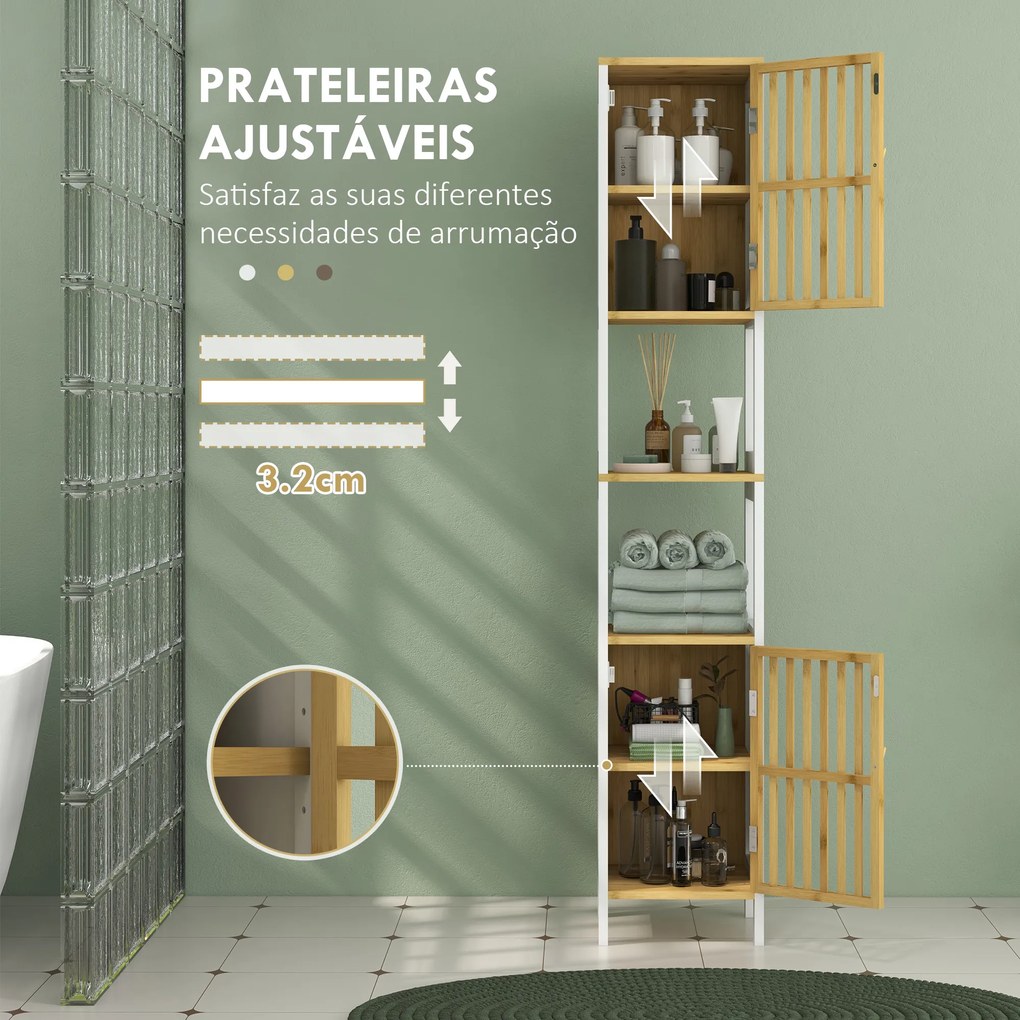 Coluna alta de Casa de Banho com 2 Estantes Abertos 2 Armários com Portas de Ripas e Prateleiras Ajustáveis 32x30x172 cm Branco
