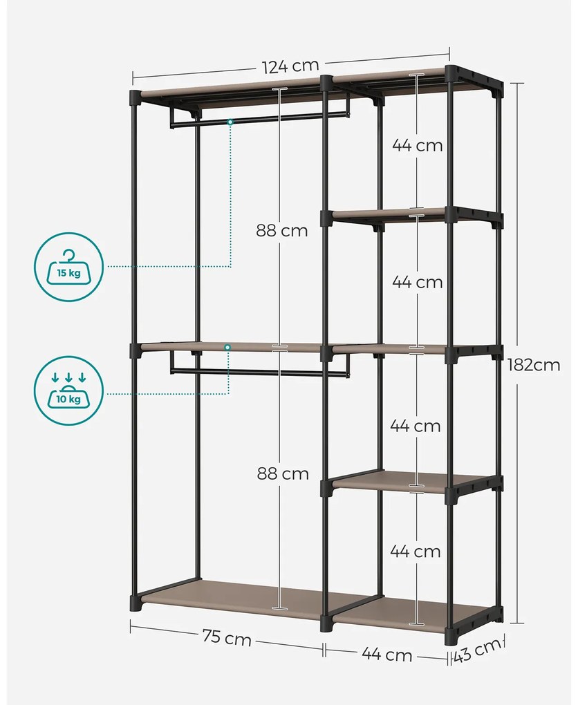 Guarda roupa aberto com varões para roupa 43 x 124 x 182 cm Castanho-greige