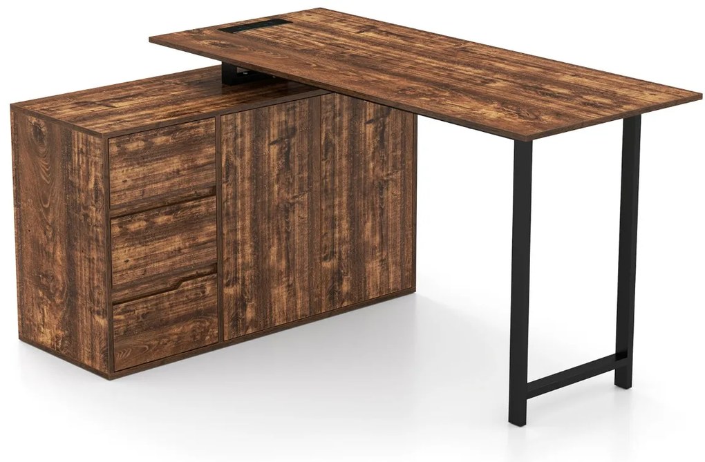 Secretária em forma de L com arquivo e tomada elétrica de canto reversível de 138 cm com 3 gavetas Mesa castanha