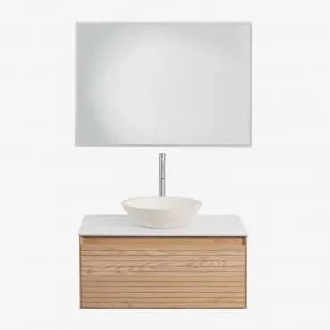 Conjunto De Móveis De Banheiro Em Madeira Tedrik Ash Castanho Fresno & Cimento Redondo Branco Ø40 Cm Zavion & Led Retangular - Sklum