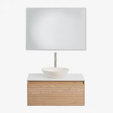 Conjunto De Móvel De Casa De Banho Suspenso Em Madeira De Freixo Tedrik Castanho Fresno & Cimento Redondo Branco Ø40 Cm Zavion & Led - Sklum