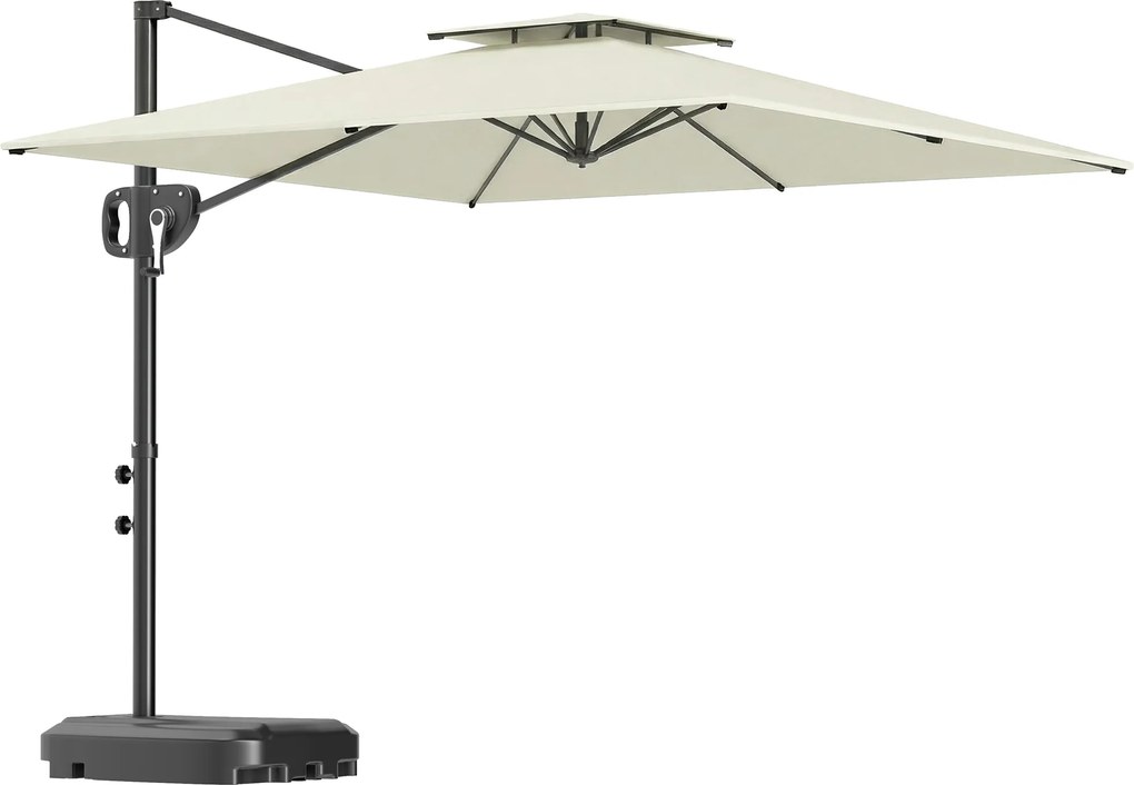 Outsunny Guarda-sol suspenso quadrado 2,5 x 2,5 m, guarda-sol de jardim exterior, Dupla cobertura, inclinável, 2 bases, manivela, Creme | Aosom Portugal