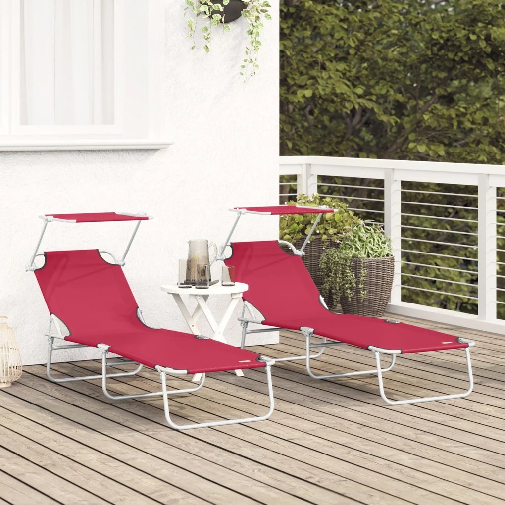 Espreguiçadeiras Dobráveis 2 pcs com Toldo Vermelho Tecido Oxford 600D