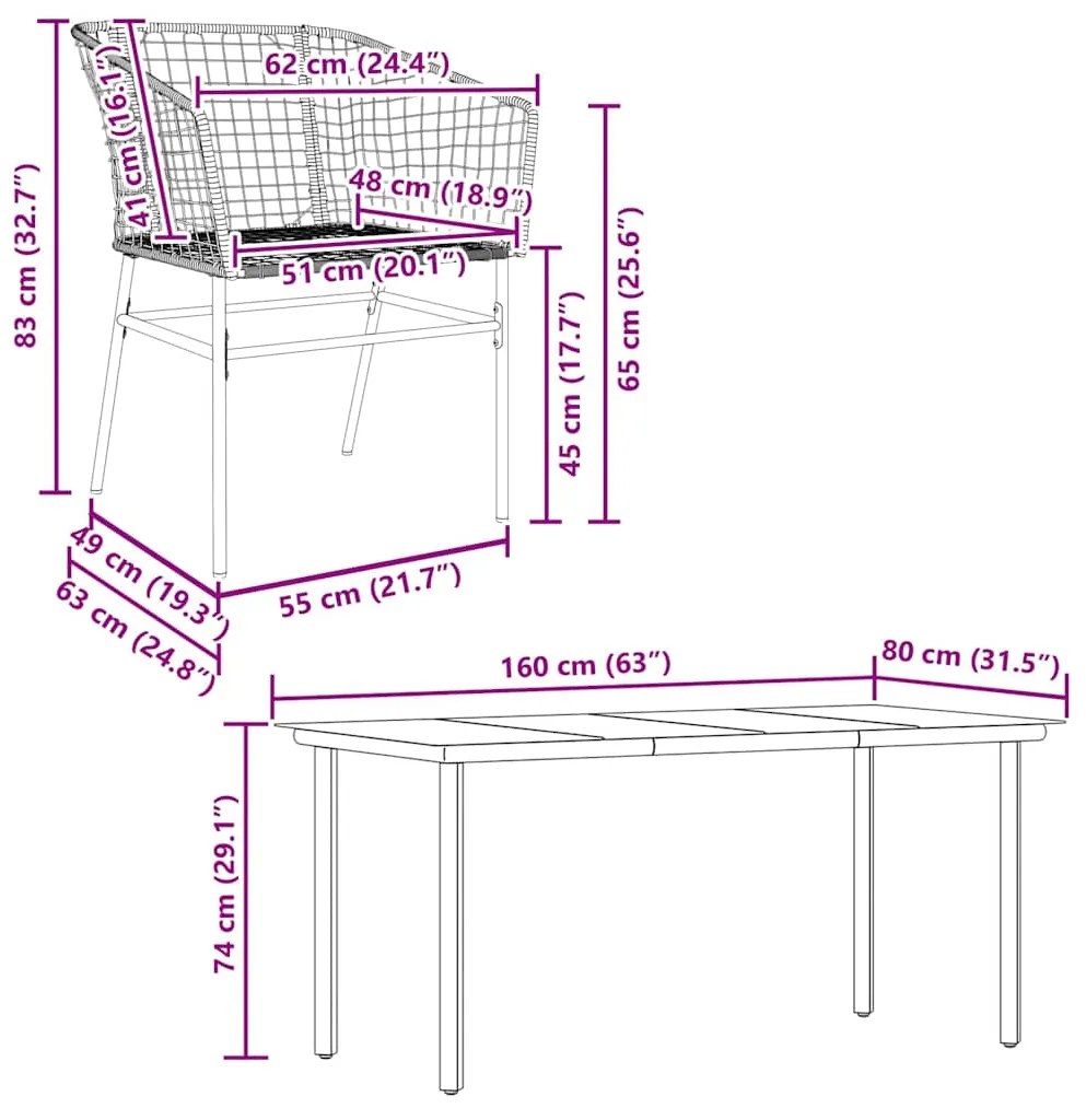 Conjunto jantar jardim 7 peças vidro vime PE castanho