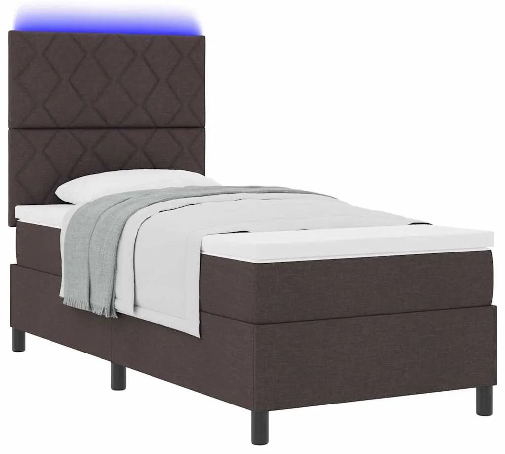 Cama Box com Colchão e LED, Castanho Escuro, 100 x 200 cm, Tecido