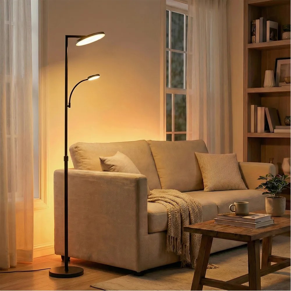Candeeiro de pé LED com altura ajustável 25 x 25 x (148-176) cm, candeeiro de pé com luz de leitura preto