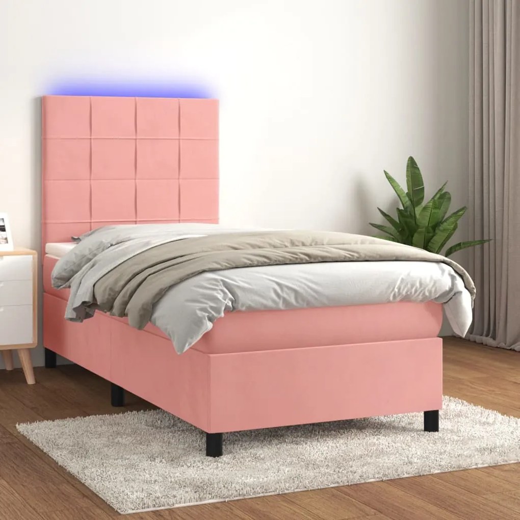 Cama box spring c/ colchão/LED 90x190 cm veludo rosa