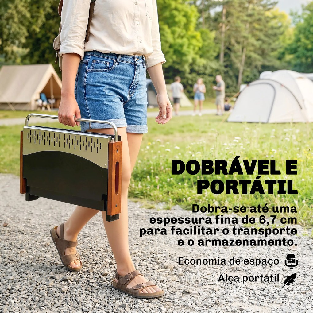 Grelhador a Carvão Dobrável Portátil 50,5x34x33 cm com Bandeja de Carvão Removível para Campismo Piqueniques Preto