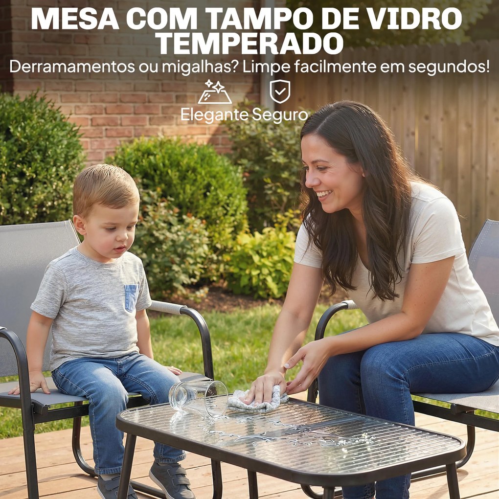 Conjunto de Jardim Exterior com 1 Sofá de 2 Lugares 2 Poltronas e Mesa com Tampo de Vidro Temperado Textilene Respirável Cinzento
