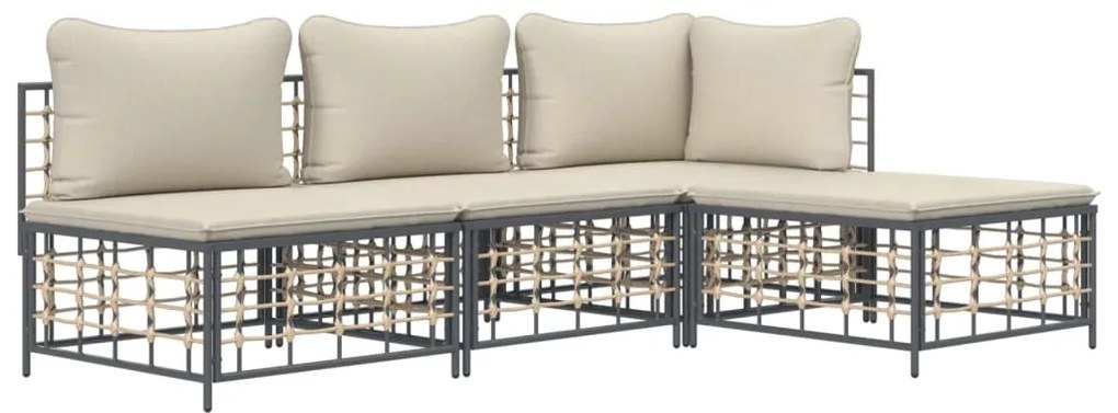 4 pcs conjunto lounge de jardim c/ almofadões vime PE antracite
