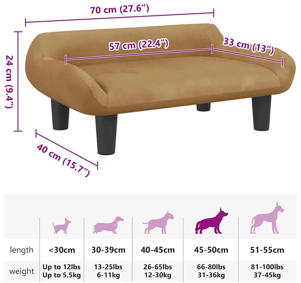 Cama para cães 70x40x24 cm veludo castanho