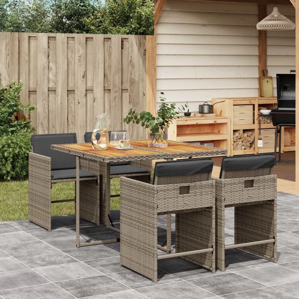 vidaXL 5 pcs conjunto de jantar p/ jardim c/ almofadões vime PE cinza