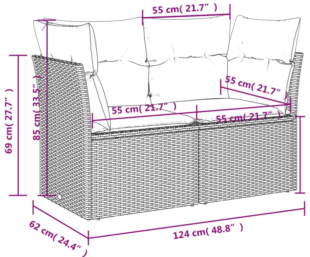 9 pcs conjunto sofás p/ jardim com almofadões vime PE cinzento
