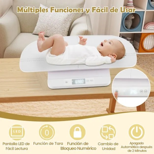 Balança digital para bebés 61 cm x 33 cm x 8 cm com bandeja removível para medir o peso e a altura com 5 unidades, desligamento automático e ecrã LED