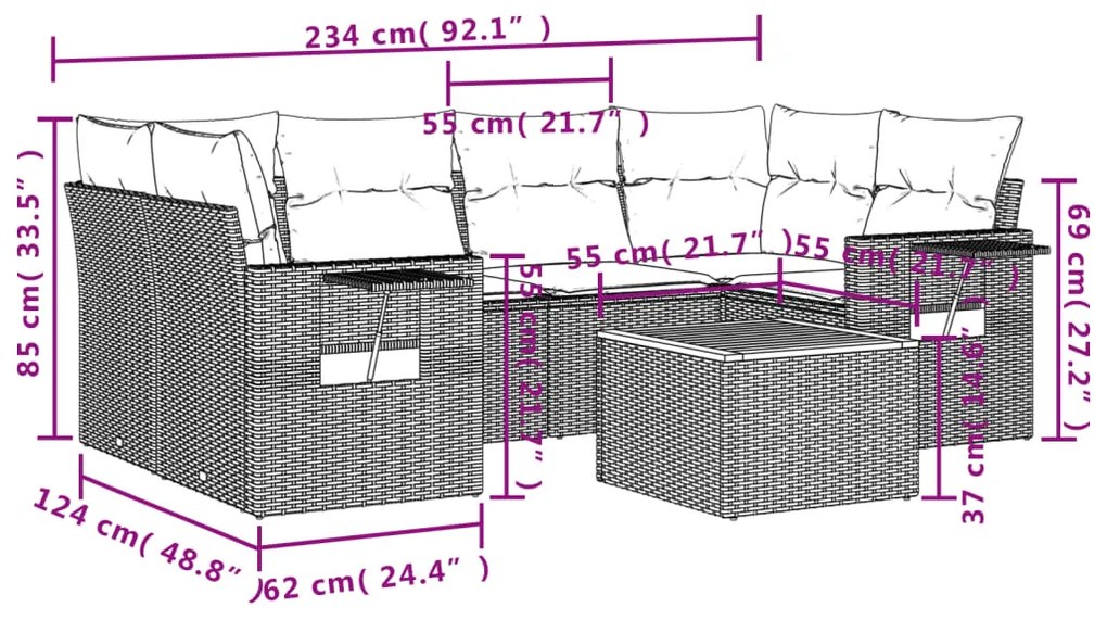 7 pcs conjunto sofás p/ jardim c/ almofadões vime PE cinzento