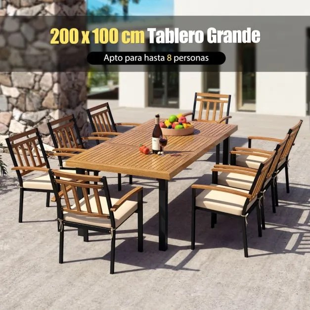 Mesa de jantar para jardim para 8 pessoas com orifício para guarda-sol e pernas de metal 200 x 100 x 75 cm Natural