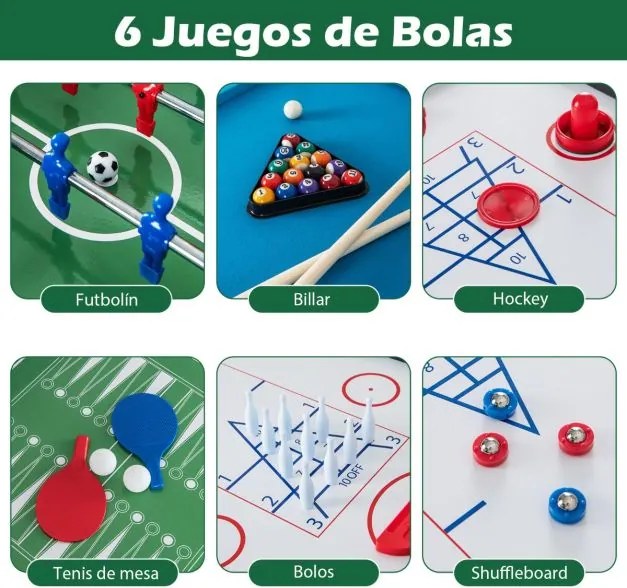 Conjunto de Jogos para crianças 12 em 1 com mesa de hóquei em ar, mesa matraquilhos, mesa de ténis de mesa, xadrez, bowling e shuffleboard 121 x 105 x
