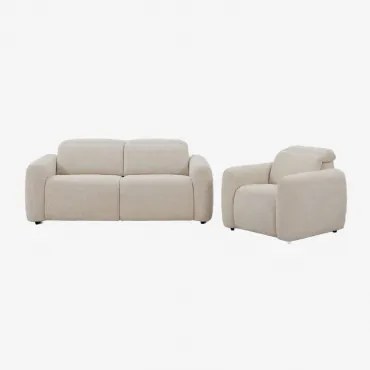 Conjunto De Sala Com Sofá Reclinável E Elétrico De 2 Lugares E Poltrona Estofada Peggy Chenille Beige Creme - Sklum