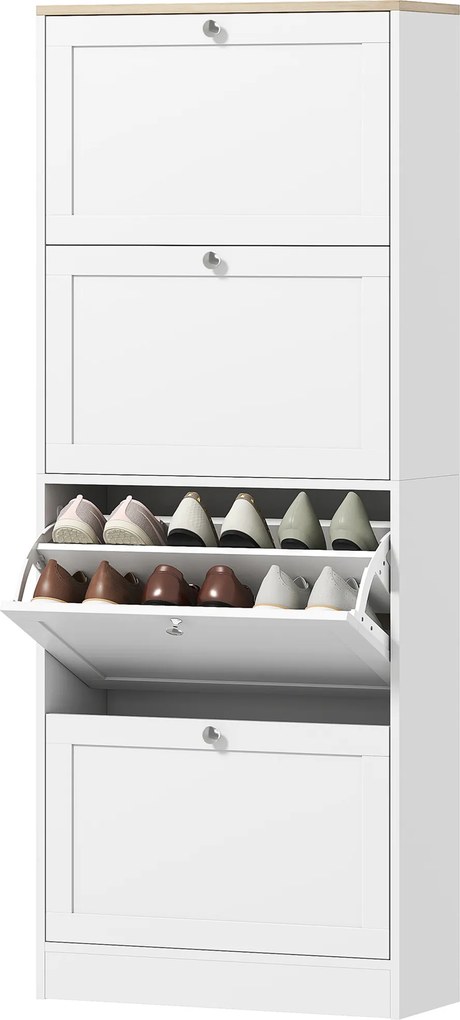 Sapateira com capacidade 60 x 23,5 x 153 cm para 24 pares, com 4 gavetas rebatíveis e prateleiras ajustáveis, branco