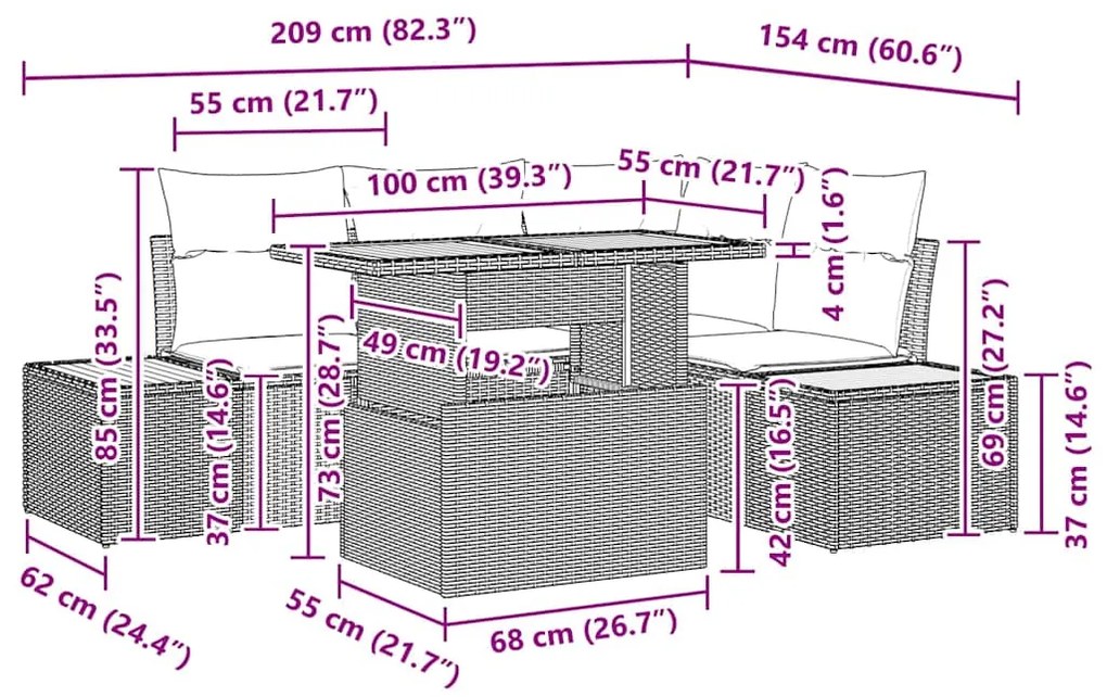 Conjunto de Jantar para Jardim com 5 Peças e Almofadas Cinzas em Ratta