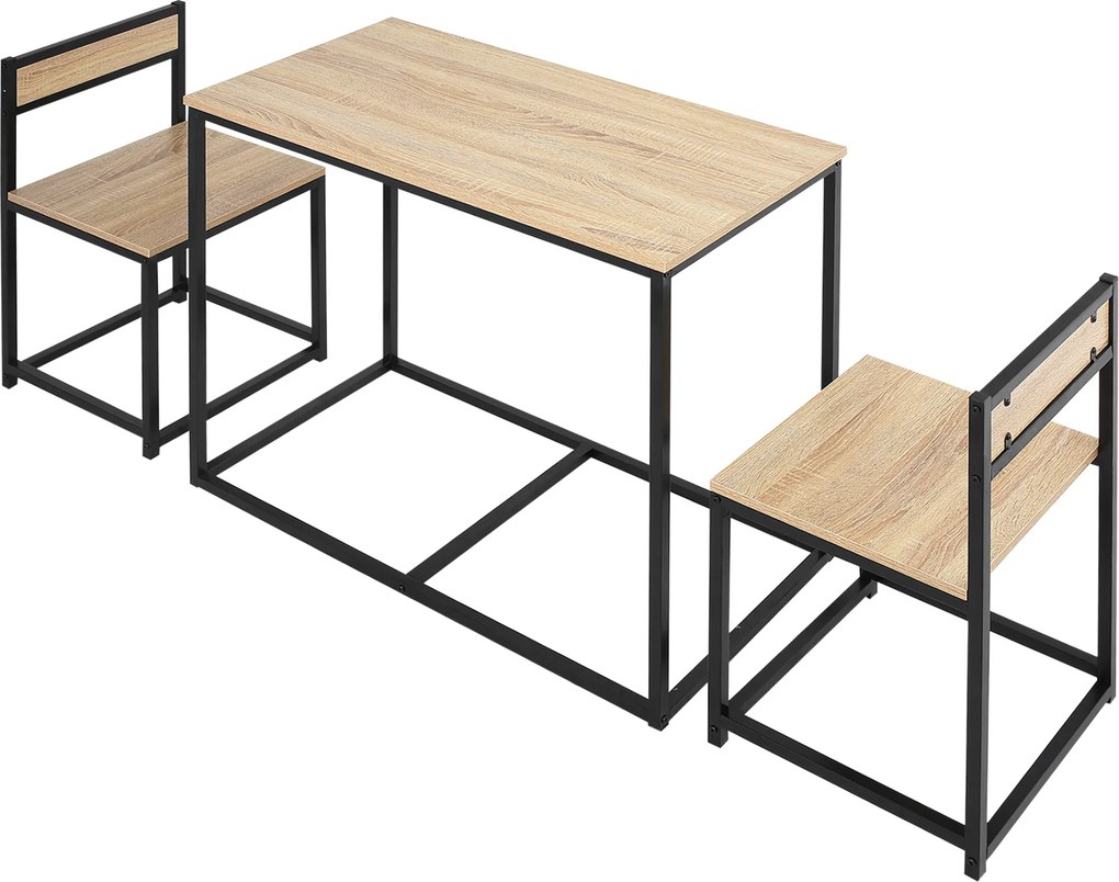 Conjunto de mesa e cadeiras de sala de jantar - Conjunto de 1 mesa + 2 cadeiras encaixáveis para cozinha - metal preto com acabamento em carvalho clar