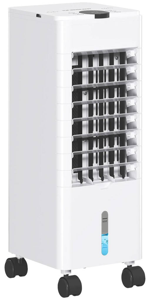 HOMCOM Climatizador  3 em 1 Portátil 60W com 3 Velocidades Temporizador até 12H Depósito de 3,8 L Oscilação de 60º 24x21,5x59 cm Branco