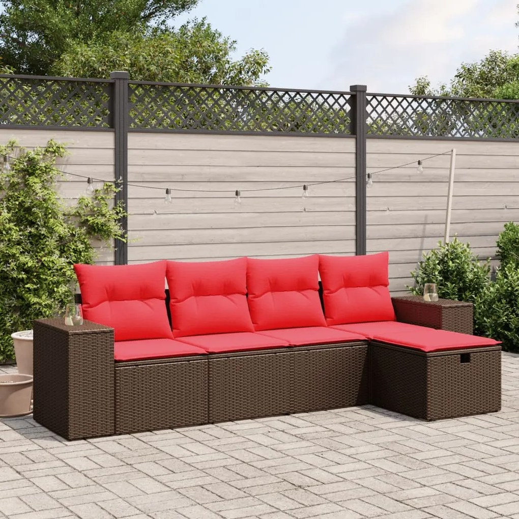vidaXL 5 pcs conjunto sofás p/ jardim c/ almofadões vime PE castanho