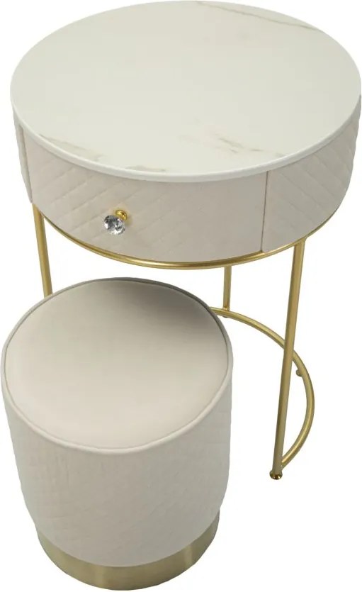MESA DE CABECEIRA/TOCADOR COM PUFF Ø 52x70 - 36x39 CM CREME E DOURADO