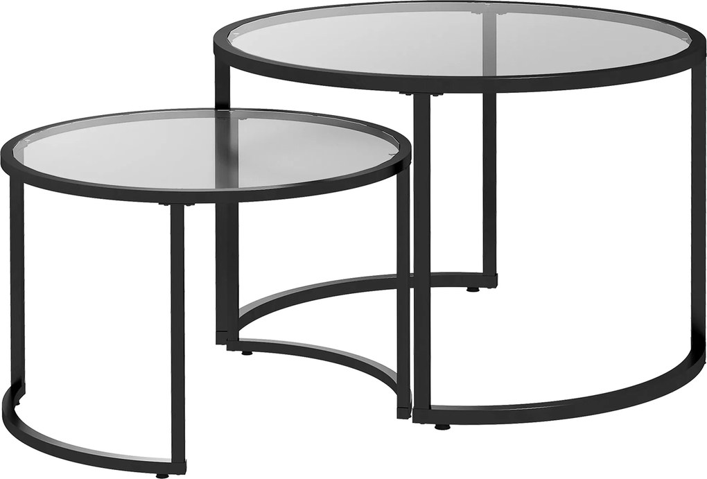 HOMCOM Conjunto de 2 Mesas de Apoio Redondas Bancada de Vidro Temperado e Estrutura de Aço Grande 70 cm Pequena 54 cm Preto e Transparente | Aosom Portugal