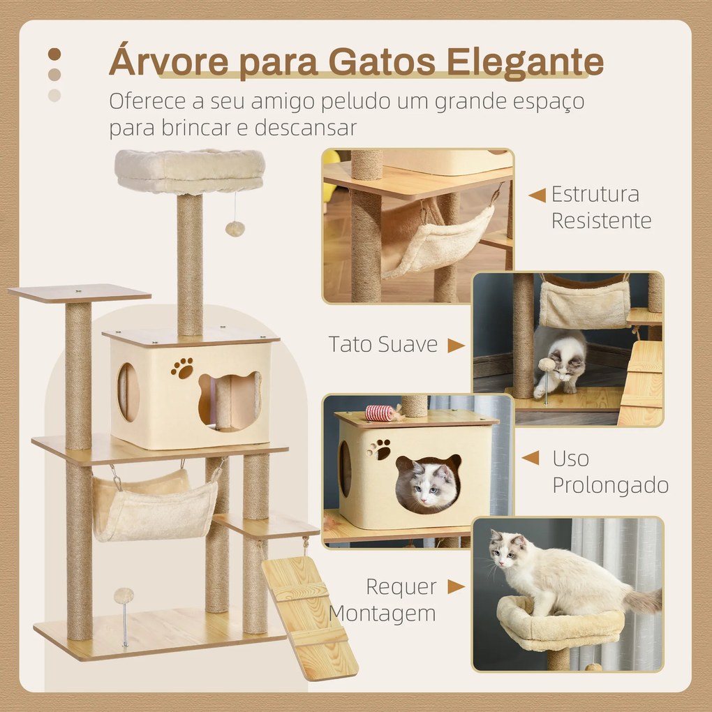 Árvore Arranhadora para Gatos Torre de Escalada com Plataformas Rede Escada Caverna Postes para Arranhar de Juta Bola Supensa e Descanso 60x40x130cm B