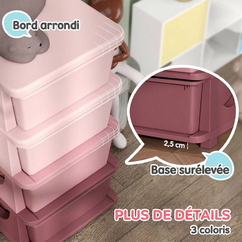 Organizador de Brinquedos para Crianças, 37 x 37 x 76 cm, 4 Gavetas Amovíveis, Rosa