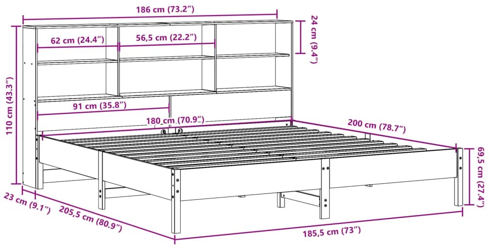 Cama com estante sem colchão 180x200 cm pinho maciço