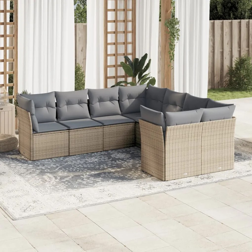 8 pcs conjunto de sofás p/ jardim com almofadões vime PE bege