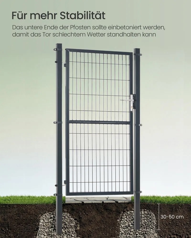 Portão de jardim com fechadura, 106 x 180 cm, em aço galvanizado cinzento