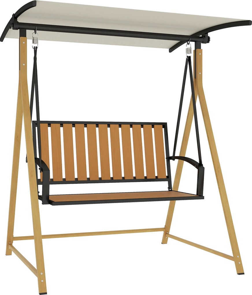 Baloiço de Jardim de 2 Lugares com Toldo Ajustável e Estrutura de Metal Carga 240 kg 142x112x162 cm Madeira e Creme